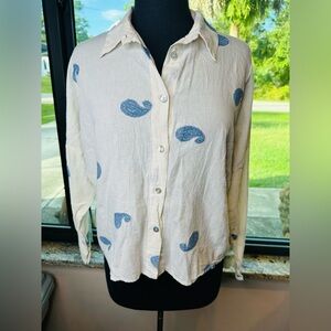 Cívico 51 Cream Button-Up Shirt Cotton Blend Blue Paisley Design Size Large